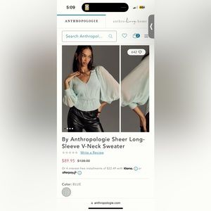 NWT Anthropologie Blue Sheer Long Sleeve V-neck Sweater - Size Small